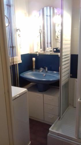 une salle de bain avec un lavabo bleu et un miroir dans l'établissement Appartement sur marina Saint CYPRIEN plage - finalisez vos reservations sur PC pas telephone, à Saint Cyprien Plage
