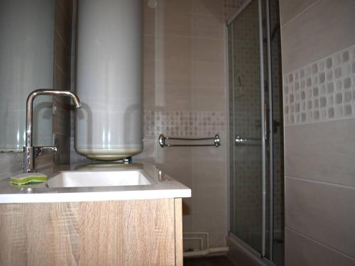 une salle de bain avec un lavabo et une douche dans l'établissement Appartement Confortable 3 Pièces, Jardin, Exposé Sud, 6 Pers, Parking – Font-Romeu - FR-1-580-23, à Font-Romeu-Odeillo-Via