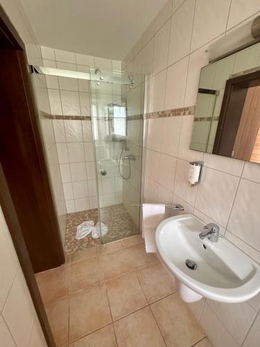 a bathroom with a glass shower and a sink at Nierswalder Landhaus in Goch