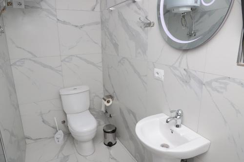 a bathroom with a toilet and a sink and a mirror at Vila Luen in Berat