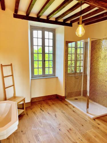 une salle de bain avec un lavabo et des toilettes et une fenêtre dans l'établissement Château en Normandie, à Planquery