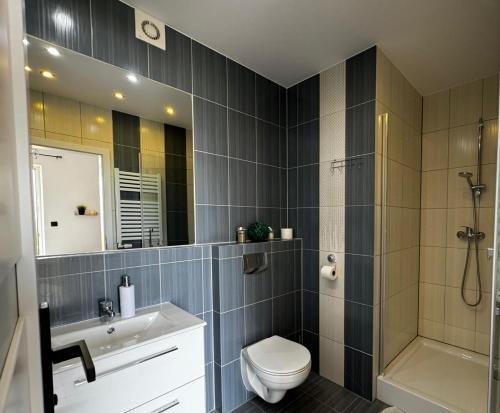La salle de bains est pourvue de toilettes, d'un lavabo et d'une douche. dans l'établissement Mini Apartament Pod 13, à Polanica-Zdrój