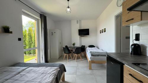 Cette chambre comprend une cuisine et une table avec des chaises. dans l'établissement Mini Apartament Pod 13, à Polanica-Zdrój