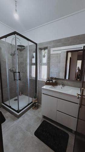 a bathroom with a shower and a sink at 3 bedroom apartment Cozy experience Lisbon in Mealhada