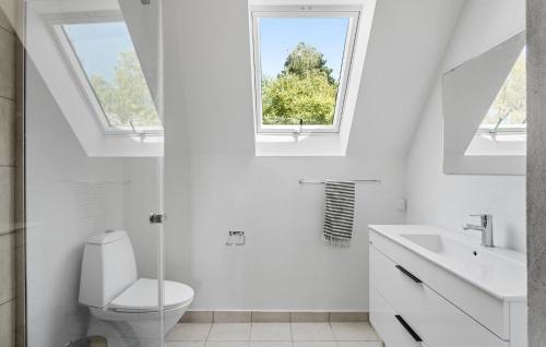 a white bathroom with a toilet and two windows at Nice Home In Rudkbing With Jacuzzi in Spodsbjerg