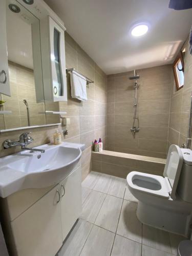 a bathroom with a sink and a toilet and a tub at Apartman17 in Belgrade