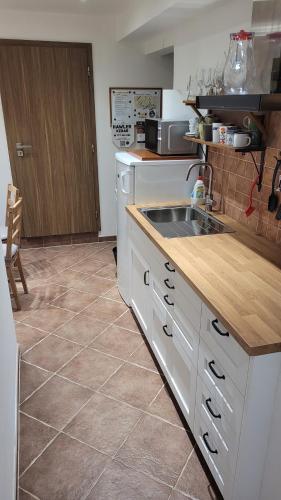 a kitchen with a sink and a counter top at Apartmán Třebenice - vstupní brána do Českého středohoří in Třebenice