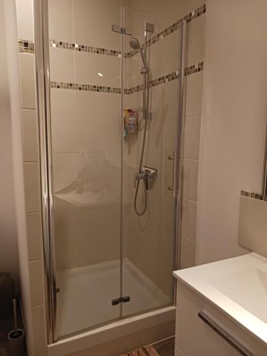 une salle de bain avec une douche avec une porte vitrée dans l'établissement La Belle Époque Cauterets - Appart 4-5 pers - Plein centre - WIFI et Parking, à Cauterets