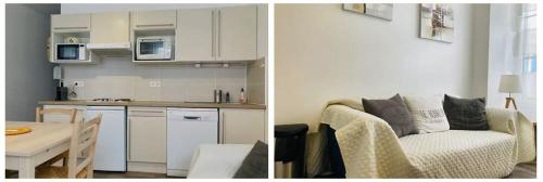 - deux photos d'une cuisine et d'un salon dans l'établissement La Belle Époque Cauterets - Appart 4-5 pers - Plein centre - WIFI et Parking, à Cauterets