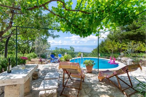 patio con sedie e piscina di Karla planinska kuća a Baška Voda