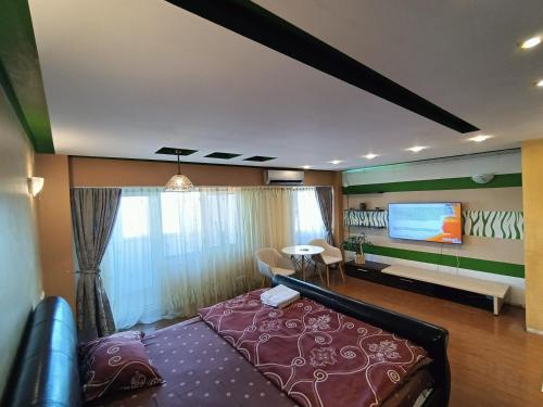 a room with a bed and a tv in it at Ghica Tei Studio in Bucharest