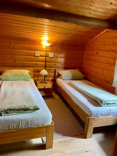a bedroom with two beds in a log cabin at Ferienhaus Thelen in Niederhersdorf