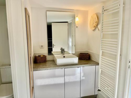une salle de bain blanche avec un lavabo et un miroir dans l'établissement Appartement deux pièces donnant sur un jardin, à Antibes
