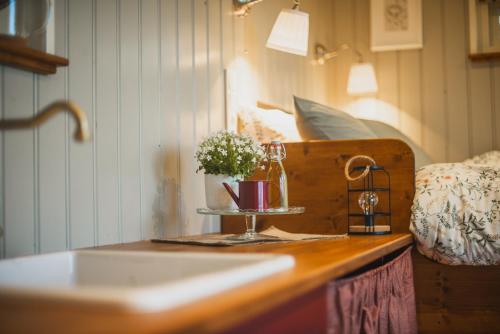 baño con lavabo y mesa con flores en Tiny Houses Bij De Compagnons, en Waskemeer