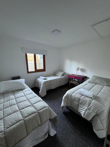 1 dormitorio con 2 camas y 1 mesa con ventana en Los radales en Esquel