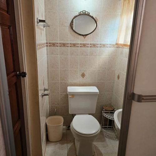 a small bathroom with a toilet and a mirror at Dalkeith Greathouse in Knockpatrick