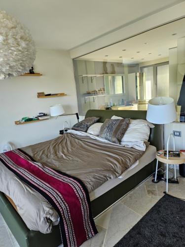 Luxury House in Montagnola في Collina d'Oro: غرفة نوم بسرير كبير في غرفة