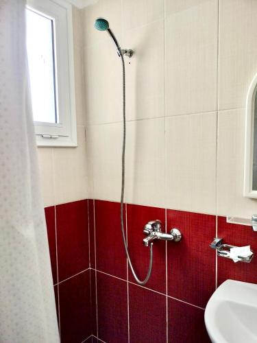 a shower in a bathroom with red and white tiles at Apartments Vista Mar in Orikum