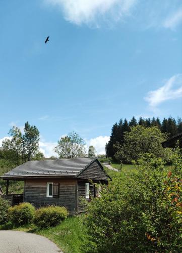 une petite maison avec un toit en étain sur un champ dans l'établissement Camping Onlycamp Les Petites Roches, à Saint-Hilaire