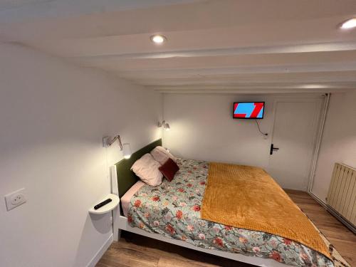 a bedroom with a bed and a tv on the wall at La maison des artistes in Savigny-sur-Orge