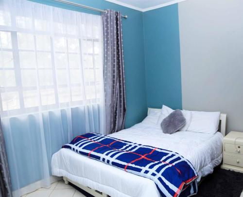 a bedroom with blue walls and a bed with a window at Summer Home Bungoma Mansion in Bungoma