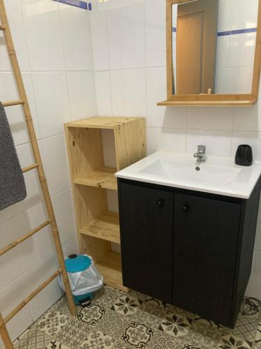 a bathroom with a sink and a mirror and a ladder at Le Toutapied , Sainte-Anne, appartement en plein centre in Sainte-Anne