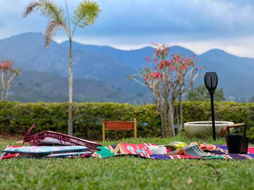 a group of umbrellas laying on the grass in a field at Earth songs by Green leaves - 10 kms from kotagiri in Kotagiri