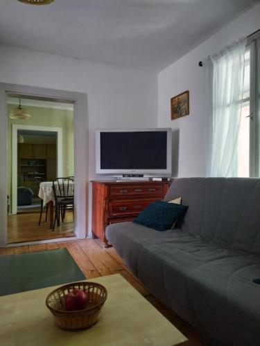 a living room with a couch and a flat screen tv at Dom pod Galazka in Bochnia