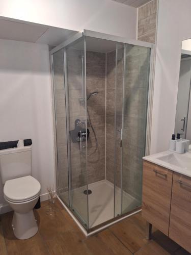 une salle de bain avec une douche avec des toilettes et un lavabo dans l'établissement Maisonnette îlot vacances, à Saint-Vaast-la-Hougue
