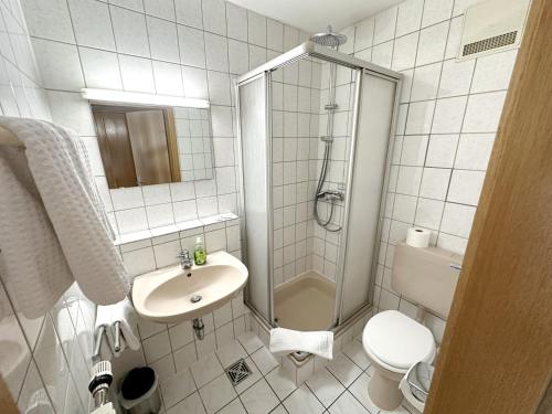 a bathroom with a shower and a sink and a toilet at Hotel DenRiKo in Heidelberg