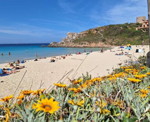 a beach with a bunch of people and flowers at Casa Giagoni in Santa Teresa Gallura