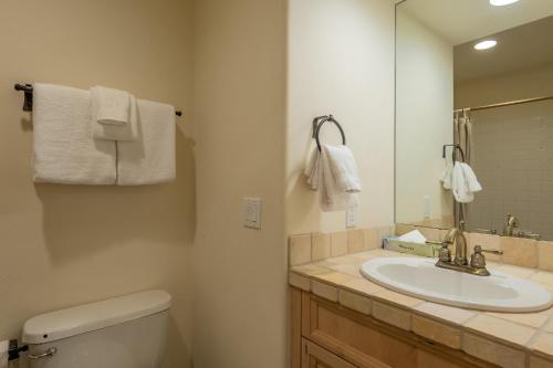 a bathroom with a sink and a toilet and a mirror at Greyhawk Condo 07 in Ketchum