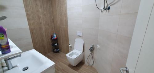 uma casa de banho com um WC branco e um lavatório. em Erli's Apartment em Golem