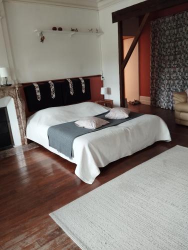 - une chambre avec un grand lit et une cheminée dans l'établissement Le vieux tilleul, à Fère-en-Tardenois