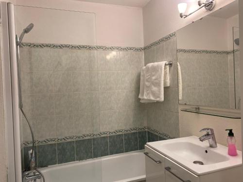 une salle de bain avec un lavabo, une baignoire et une douche dans l'établissement Cosy studio, à Paris