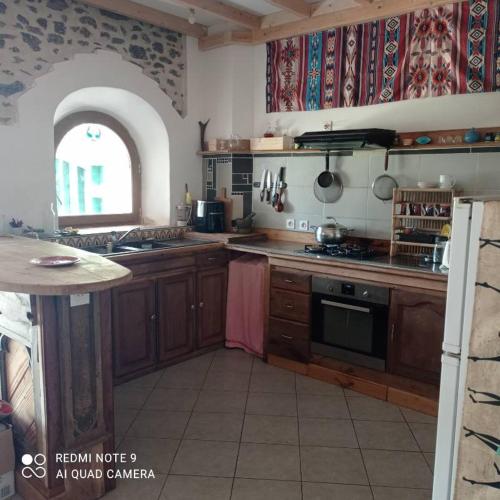 une cuisine avec des armoires en bois et un four à plaques de cuisson dans l'établissement Les trésors du Lac, à Celles