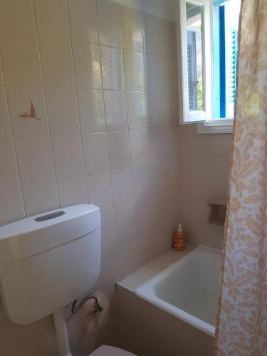 a bathroom with a toilet and a tub and a window at Panormos,Nice studio with garden view in Kalymnos