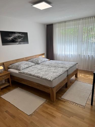 1 dormitorio con cama y ventana grande en Wohnung Stadtmitte Würzburg, Küche, Balkon. en Würzburg