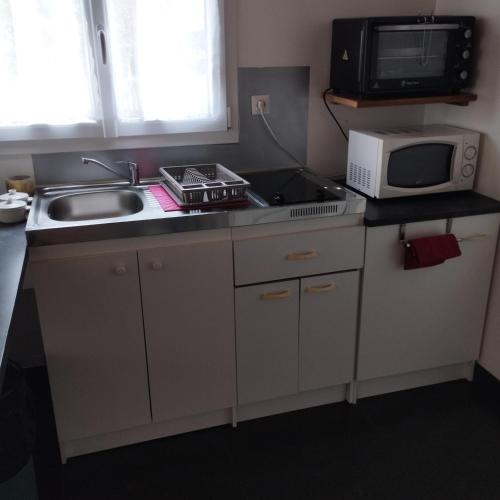 a small kitchen with a sink and a microwave at Studio entre terre et mer in Saint-Romain-de-Benet