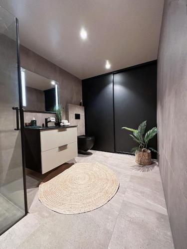 a room with a bathroom with a toilet and a rug at Årosstranda in Kristiansand