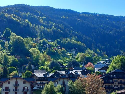 une ville dans les montagnes avec des maisons et des arbres dans l'établissement Joli studio à St Gervais les bains, à Saint-Gervais-les-Bains