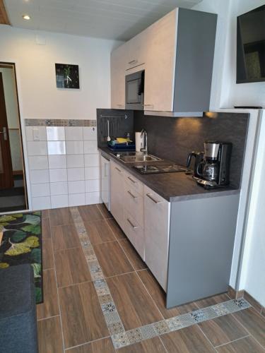 a kitchen with a sink and a counter top at Apartmenthaus Bader in Leutasch