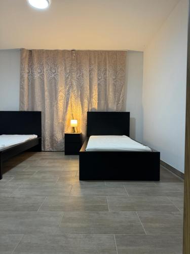 a room with two beds and a lamp in it at Laras voll ausgestattete Gartenwohnung mit WLAN und TV in Werne an der Lippe