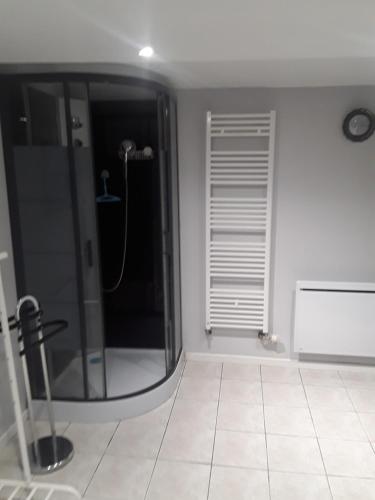 une salle de bain avec une douche avec une porte vitrée dans l'établissement Gite nature, à Mandray