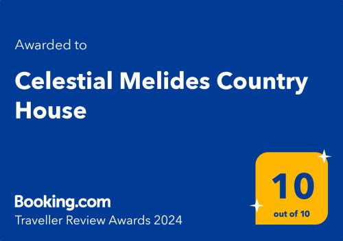 Palkinto, sertifikaatti, kyltti tai muu asiakirja, joka on esillä majoituspaikassa Celestial Melides Country House