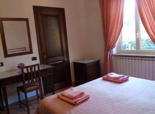 una camera con letto, scrivania e specchio di Agriturismo Camera Rosa a Todi