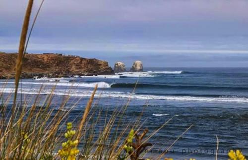 a beach with some rocks in the water at Cabañas Rancho Pinares in Pichilemu