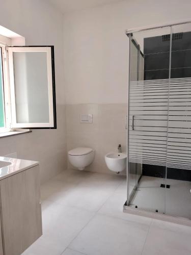 a bathroom with a glass shower and a toilet at Sunny House in Parghelia