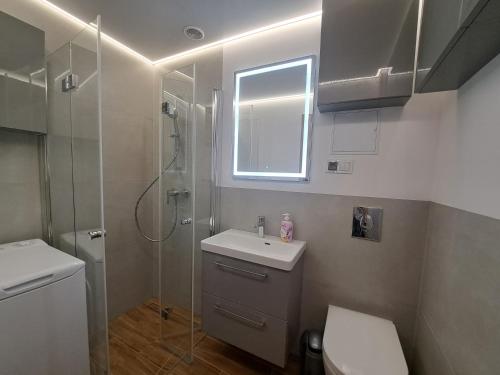 y baño con aseo, lavabo y ducha. en apartament klif, en Gdynia