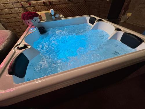 Atena B&B APARTMENTS Gold في San Silvestro: حوض استحمام مملوء بالماء الأزرق مع وجود دمية فيه